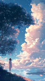 Solitary girl watching luminous sunset clouds by sea.