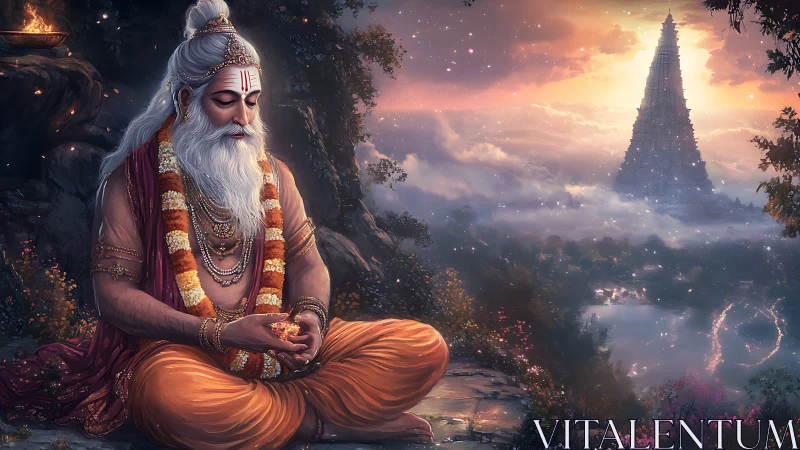 Elderly robed figure meditating before distant towered temple.