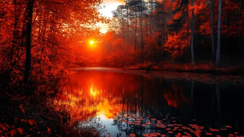 Fiery autumn sunset glows gently across a quiet forest lake