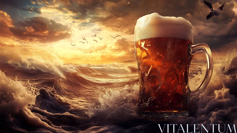 Sunset surf collides with a stormy sea of frothy beer.