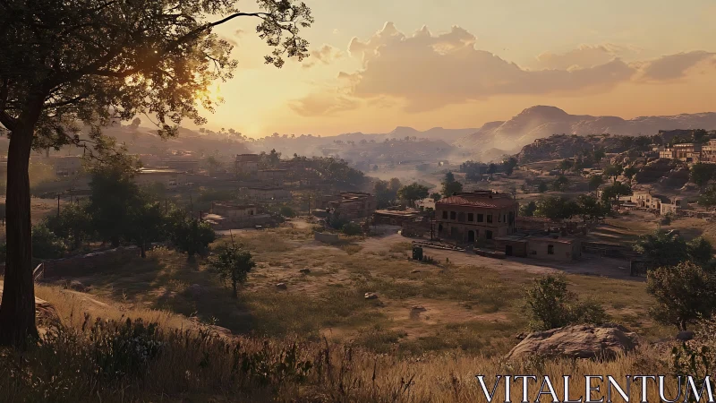 Golden evening light settles gently over a quiet rural town