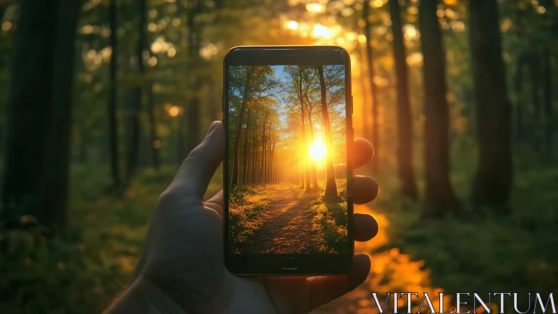 Sunlit forest trail framed inside a glowing smartphone screen.
