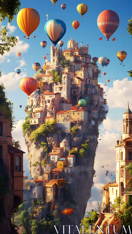 Sky village of drifting balloons and sunlit stone homes.