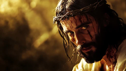 Crowned with thorns, a solemn gaze cuts through golden dusk.