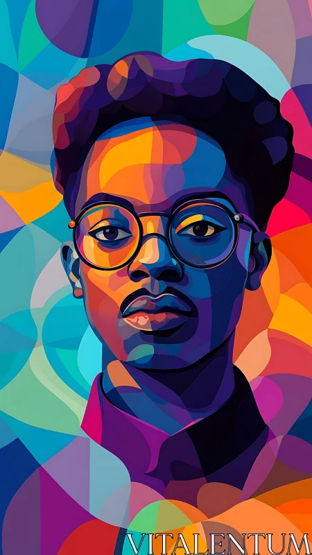 Chromatic vector portrait with segmented gradient geometry.