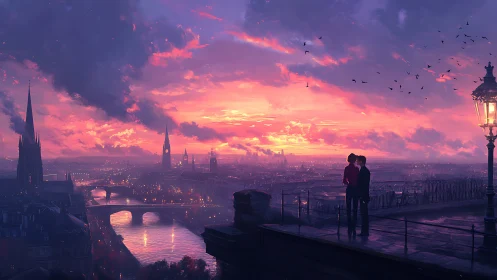 Urban Skyline at Twilight with Silhouetted Figures.