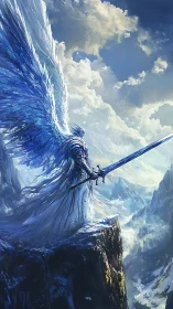 Armored ice angel stands vigilant above frozen mountains.
