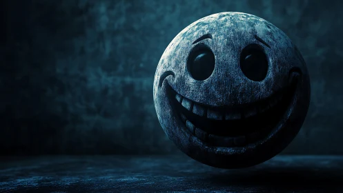 Distressed smiley sphere floats in moody blue studio light.