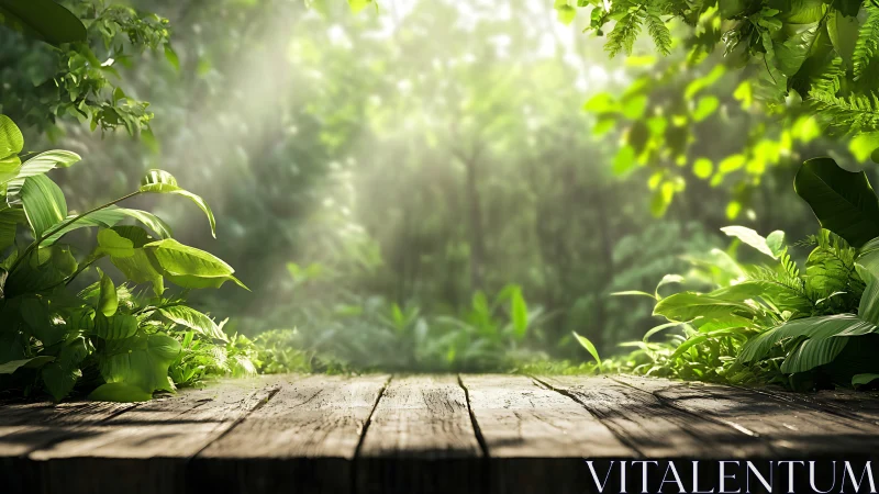 Wooden platform overlooks sunlit forest understory.