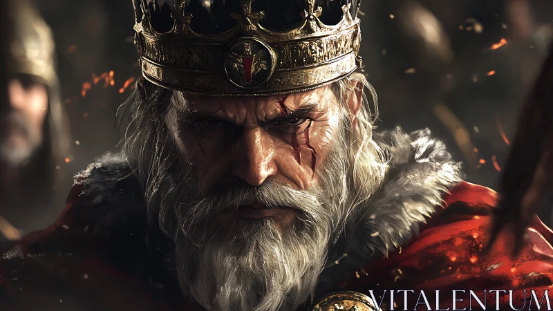 Battle-scarred medieval king glares through embers and gloom