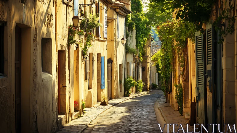 Narrow stone alley with traditional houses and foliage.