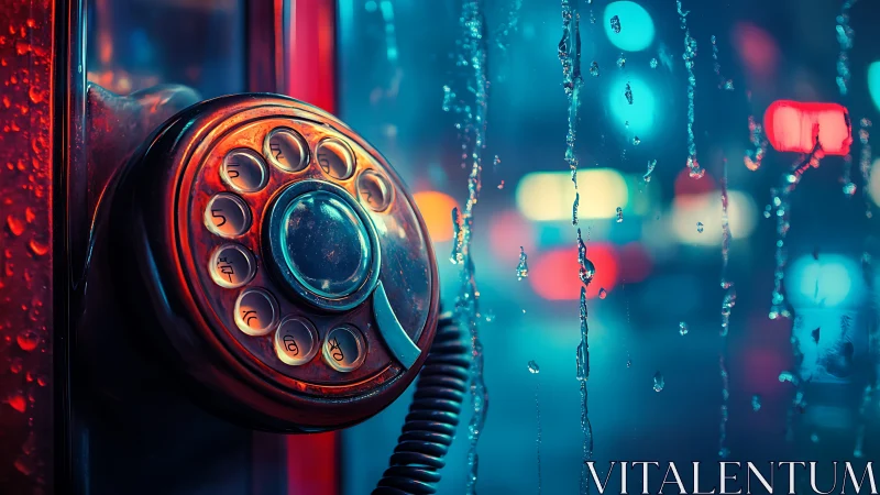 Neon-soaked rotary payphone in cinematic night close-up framing.