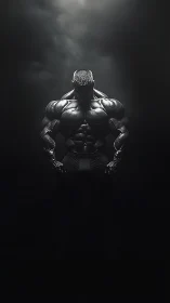 Bodybuilder statue dominates shadowed studio void.