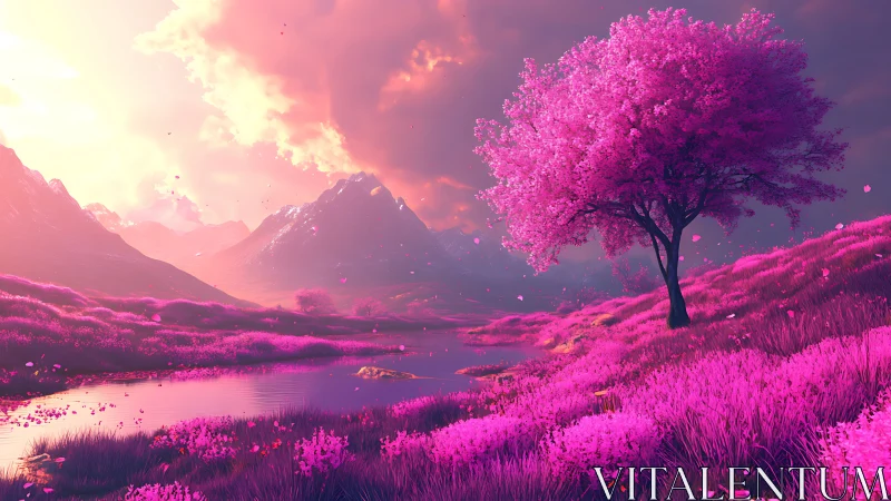 Vibrant pink fantasy landscape with tree and mountains.