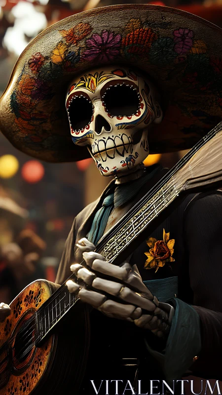 Photorealistic calavera guitarist in ornate festival attire.