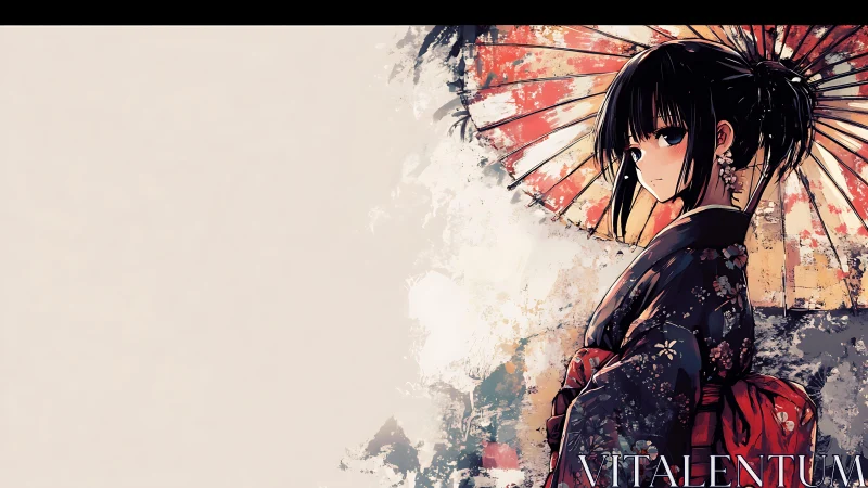 Kimono dusk muse beneath a weathered crimson parasol.