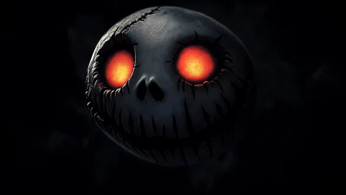 Glowing-eyed carved skull sphere in dark negative space.