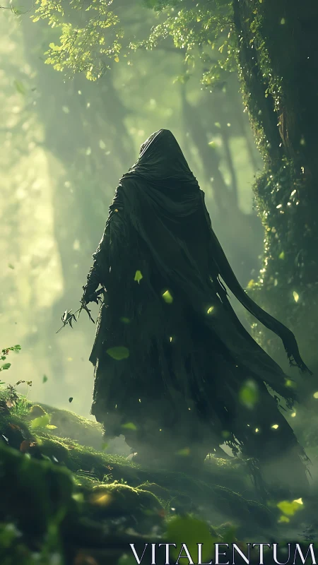 Cloaked forest wraith walks through misty emerald light