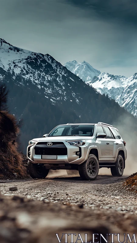 Snow-crowned peaks frame a silver SUV carving wild gravel roads.
