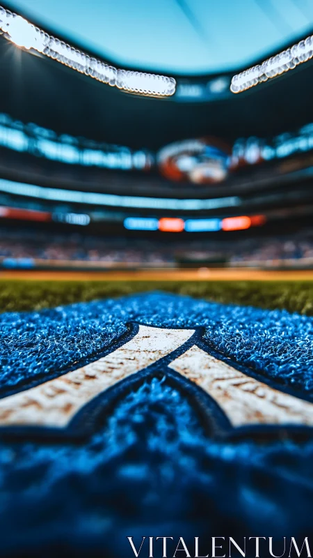 Low-angle turf view with bold blue stadium baseline mark.