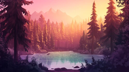 Alpine lake valley nestled within forest mountains at sunset