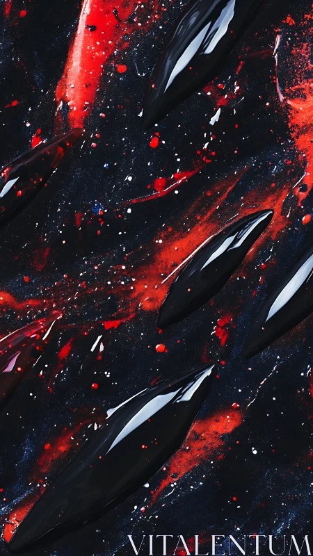Abstract black forms on red and dark splattered ground.