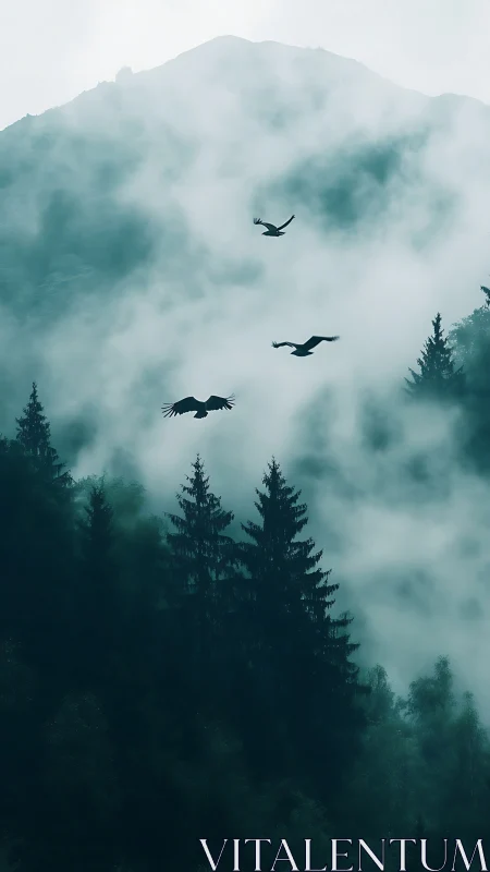 Fog-draped pines cradle ravens tracing silent sky paths