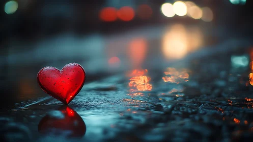 Red Heart Rests in City Rain.