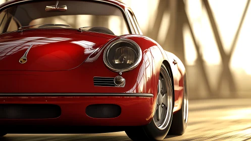 Scarlet classic coupe basking in honeyed bridge light.