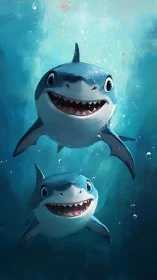 Cheeky twin shark pups grinning through turquoise tides.