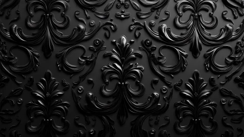 Glossy black baroque ornament pattern covers dark surface