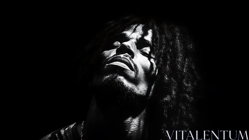 Dramatic low key portrait isolates face in stark light.