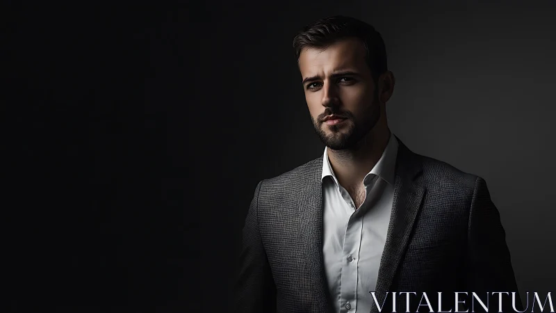 Serious bearded man in suit against dark studio backdrop.