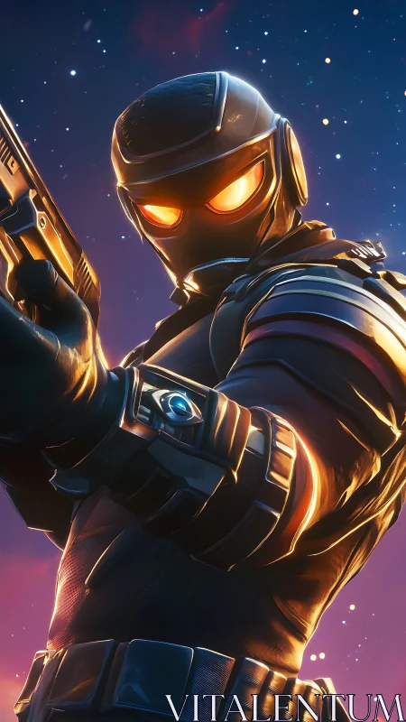 Starfield vigilante with ember eyes and neon armor stance.