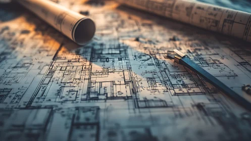 Architectural blueprints layered with rolled documents and precision drafting instruments in warm st