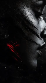 High-contrast profile of textured face with red diagonal scars.