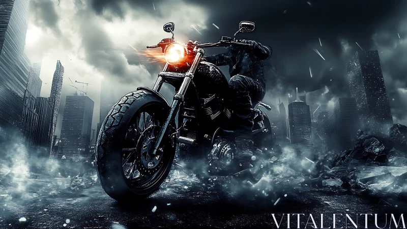 Storm-lit motorcycle powers through ruined cyber city streets.