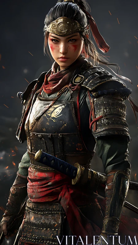 Battle-worn samurai warrior in ornate, ember-lit armor.