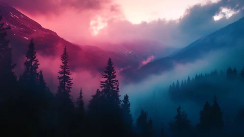 Color-graded alpine valley with volumetric fog and silhouetted conifers