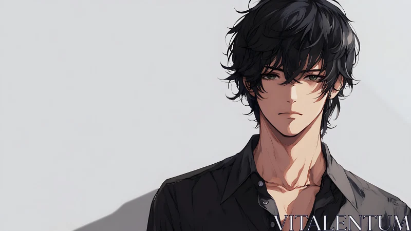 Anime portrait of brooding young man in minimalist frame.