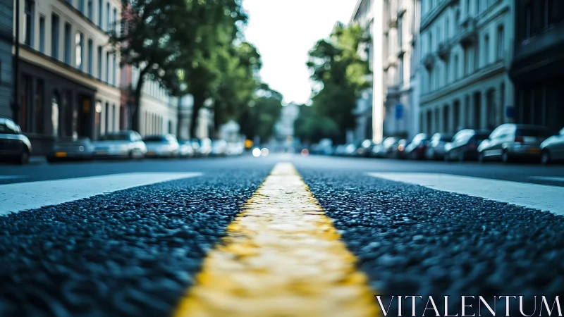 Quiet city street where a yellow line leads your eye home.