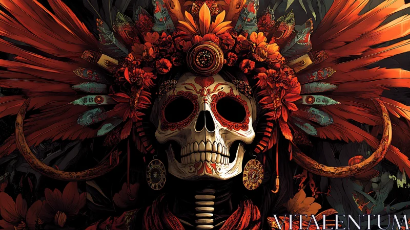 Ornate skeletal deity in feathered headdress with floral regalia
