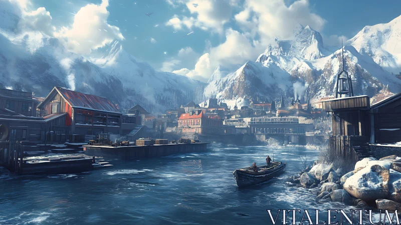 Snowy harbor town unfolds beneath towering alpine peaks.