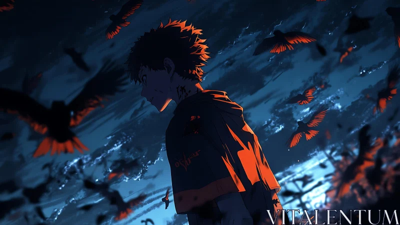 Backlit anime figure amid turbulent corvid flight dynamics.