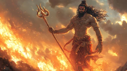 Fiery sky wanderer with trident striding through embers.