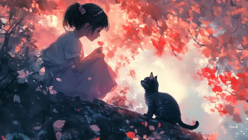 Girl sits with black kitten under glowing red foliage.