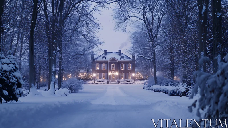 Brick mansion in snow-covered forested driveway at dusk.