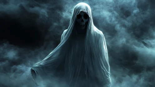 Grim reaper specter emerges from swirling ghostly mist.