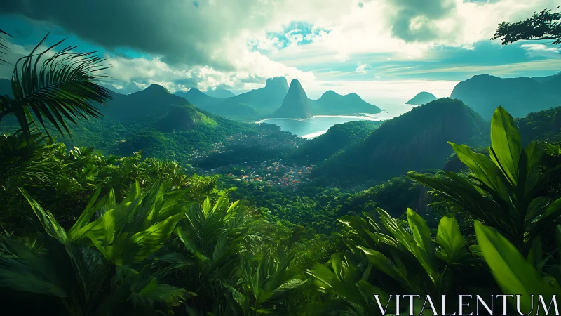 Lush tropical bay valley with dense rainforest and coastal peaks