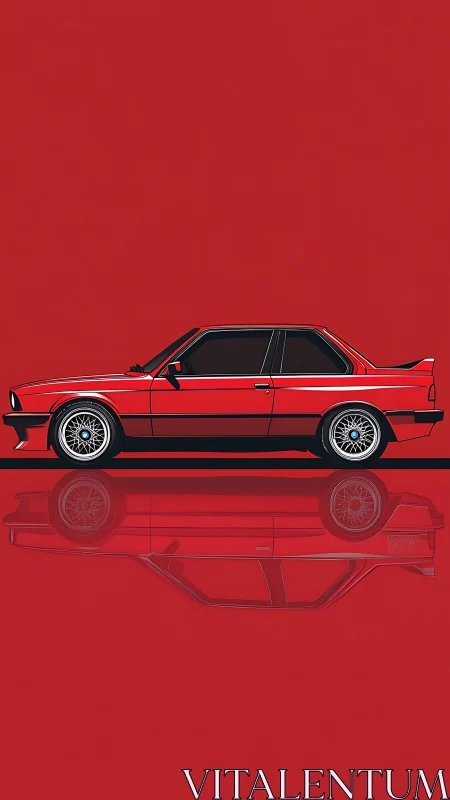 Iconic red coupe profile on minimalist reflective field.